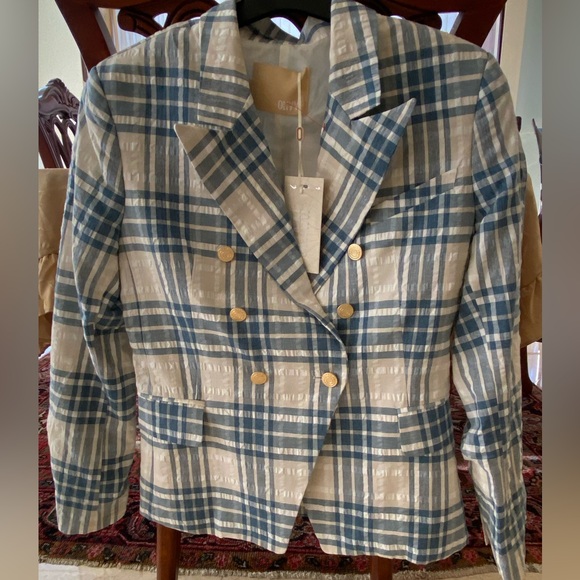 Olivvi NWT Cream and Blue Fitted Plaid Blazer  Jacket ,Gold Logo Button ,Size L - Picture 7 of 13